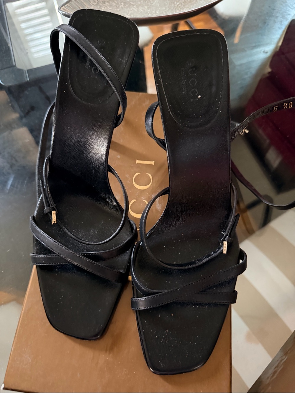 Gucci Black Leather Strappy Square-Toe Heels